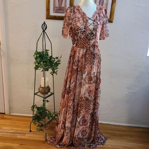 Lulu's Floral Lace-Up Maxi Dress - Size Large